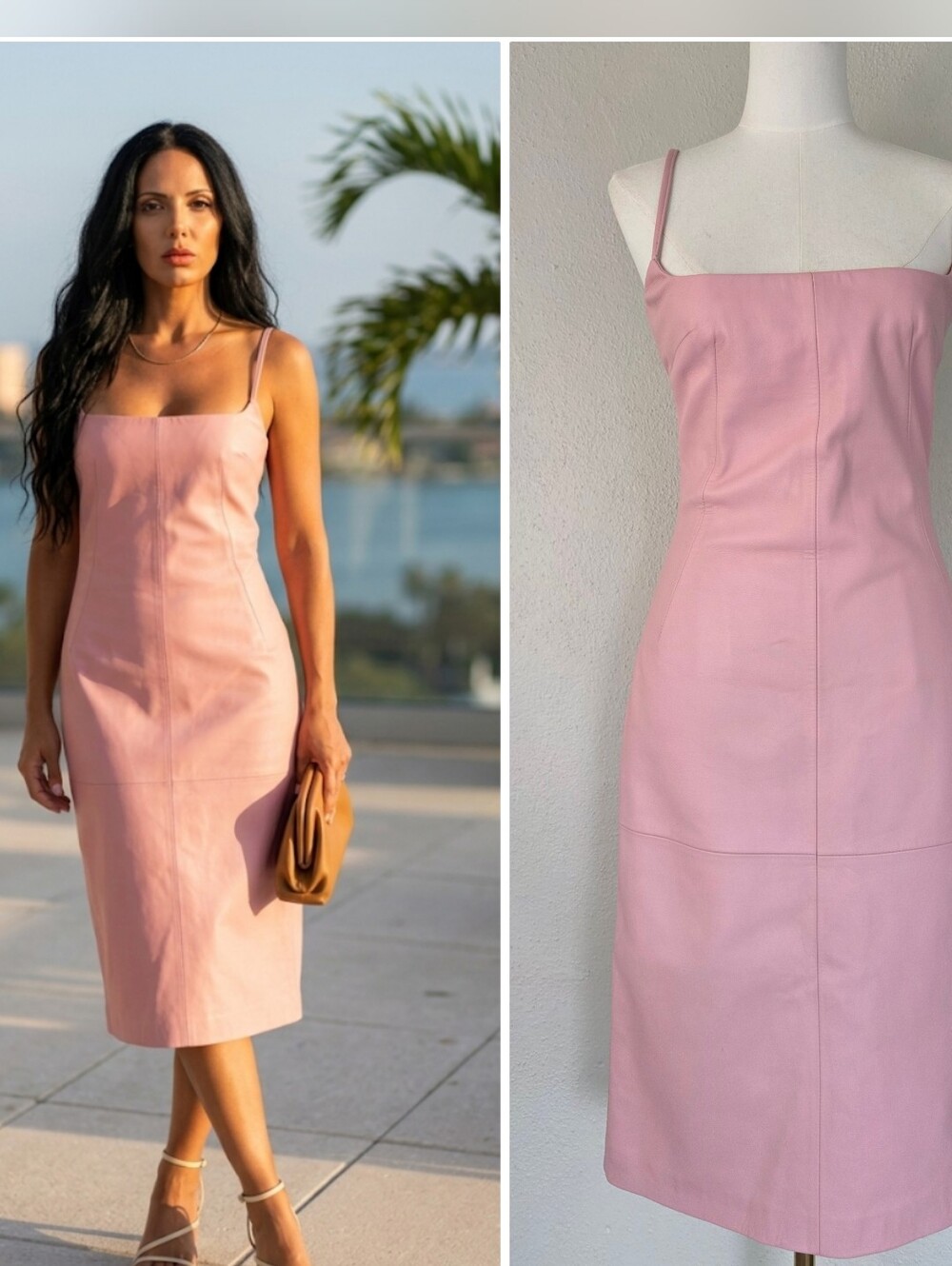 Vintage 90s Baby Pink Leather Midi Slip Dress Margaret Godfrey 6